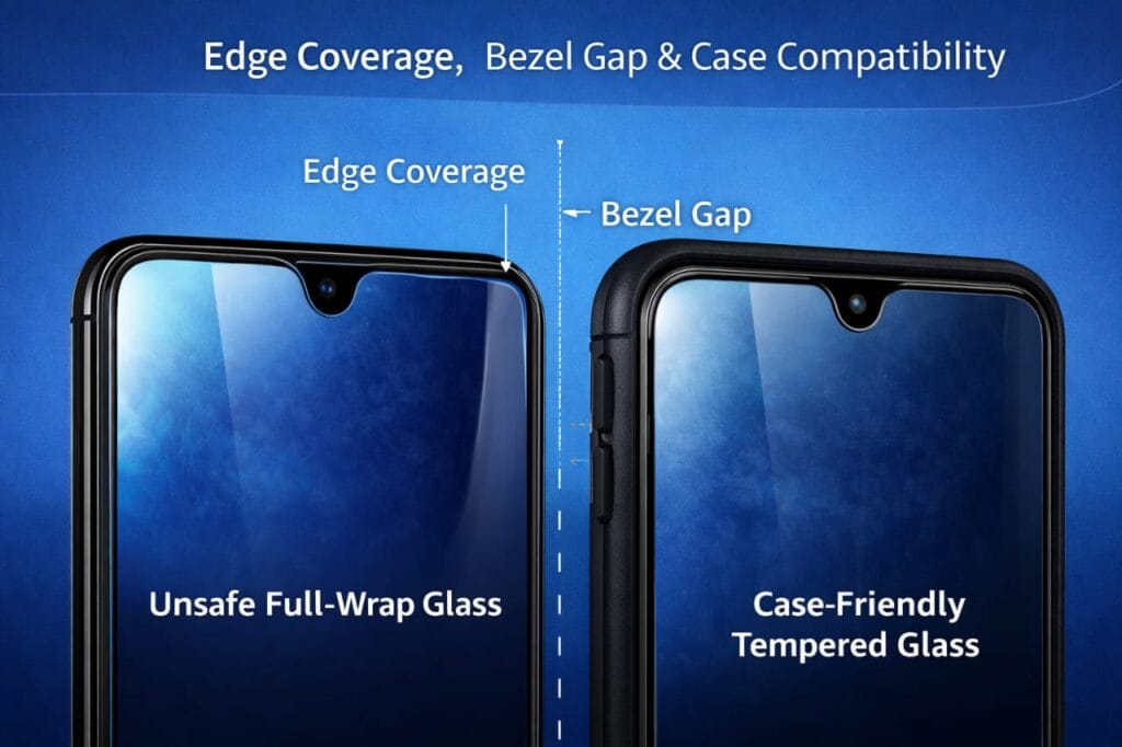 Case friendly tempered glass installed on waterdrop notch smartphone with proper edge clearance