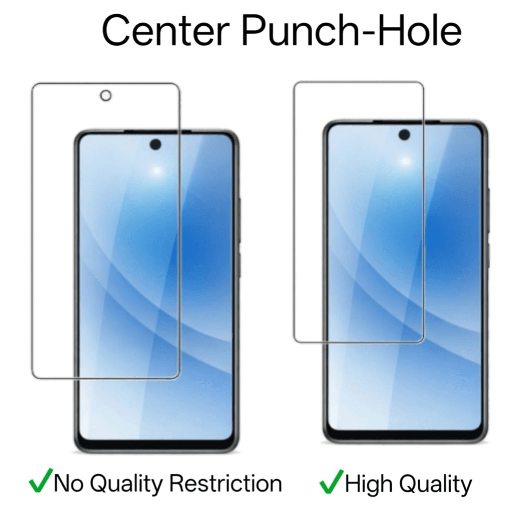 Illustration of center punch-hole display phones with corner and center camera placement, showing no-cut full-display tempered glass and optional camera-cut glass used based on glass quality and optical performance.