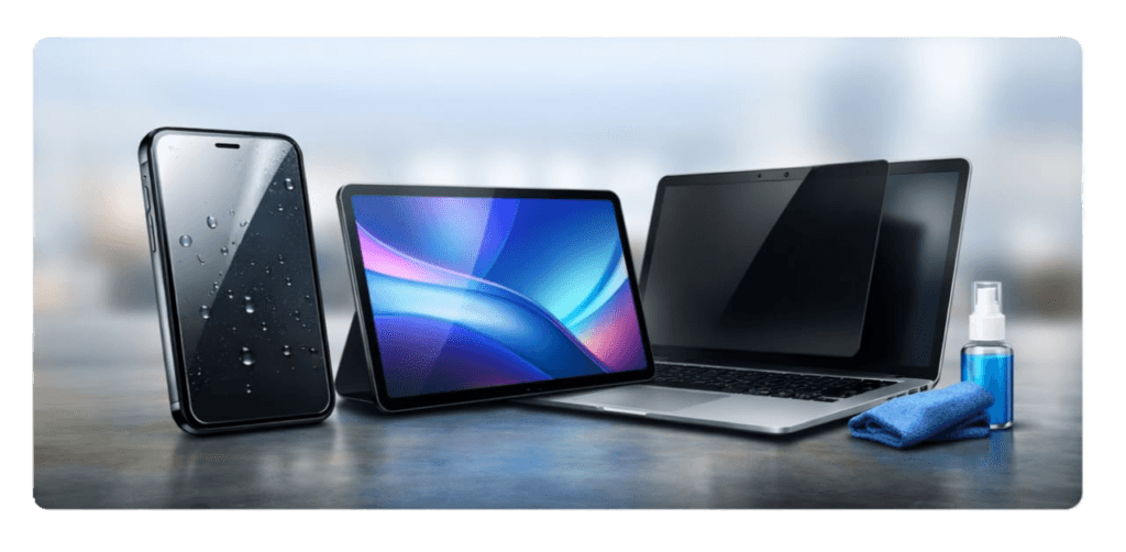 Display Protection for mobile, tablet, and laptop screens with tempered glass, UV glass, and membrane protection