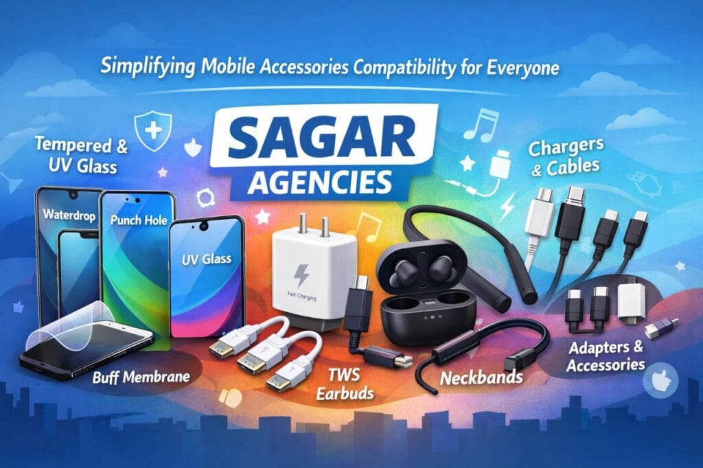 Mobile accessories compatibility guide showing tempered glass, UV glass, chargers, cables, TWS and neckbands