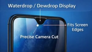 Waterdrop notch mobile display showing required camera cut in tempered glass for front camera alignment