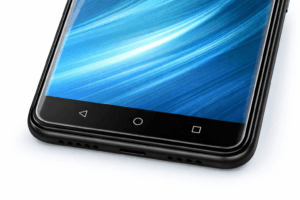 Close-up of the bottom portion of a classic bezel smartphone display with a clean blue screen, showing bezel layout for correct tempered glass fit.