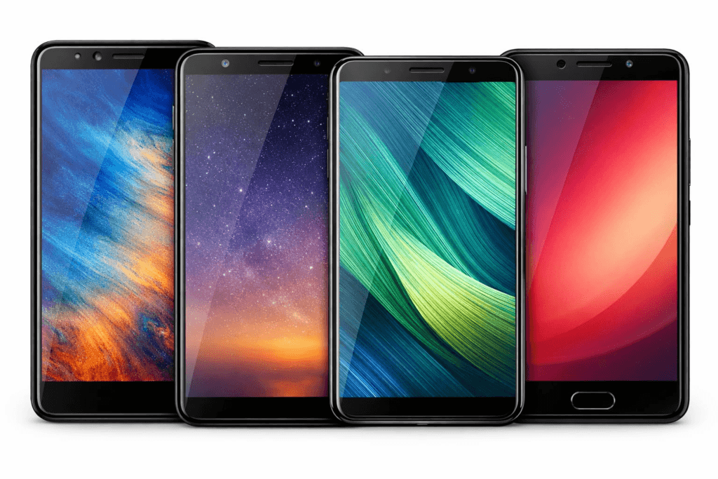 Collage of four smartphones with classic bezel displays, showing different top and bottom cut variations for tempered glass compatibility.