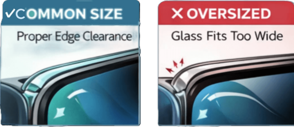Comparison of properly sized tempered glass with correct edge clearance versus oversized glass that extends too wide, demonstrating how incorrect width causes lifting and poor long-term fit on punch-hole displays.