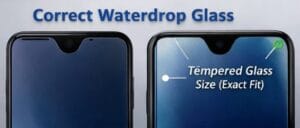 Universal tempered glass size comparison for waterdrop display phones highlighting width and edge coverage