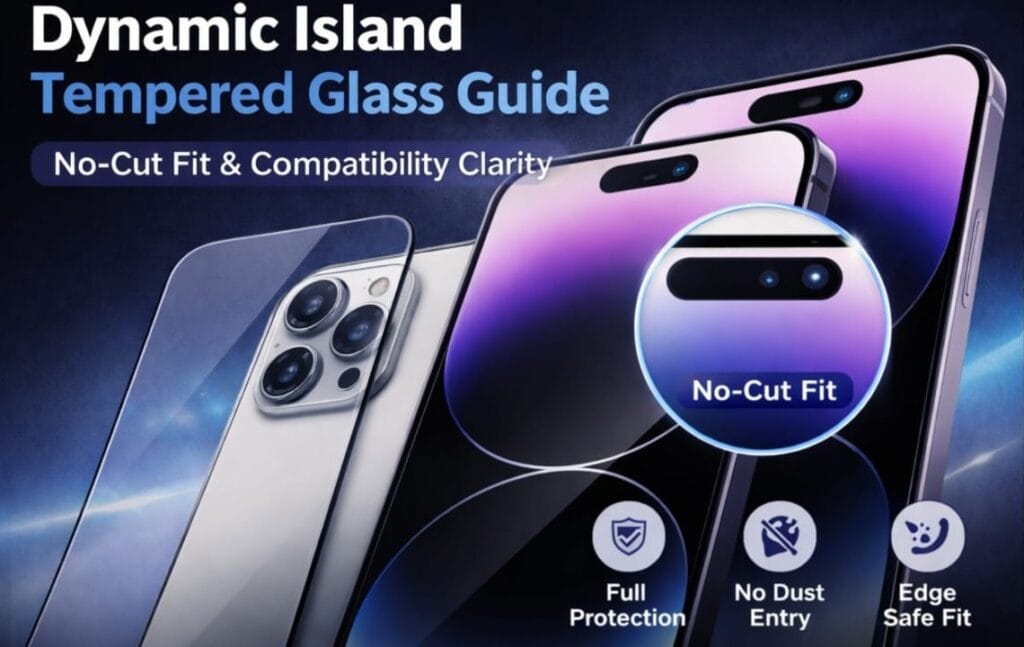 No-cut tempered glass installed on Dynamic Island display smartphone