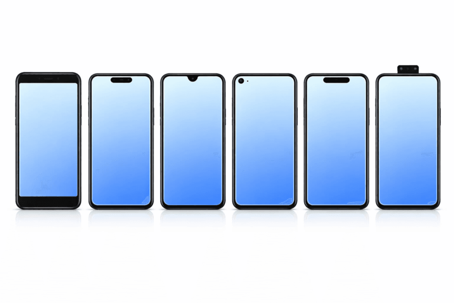 Collage illustrating different smartphone display types to explain tempered glass compatibility and camera cut logic