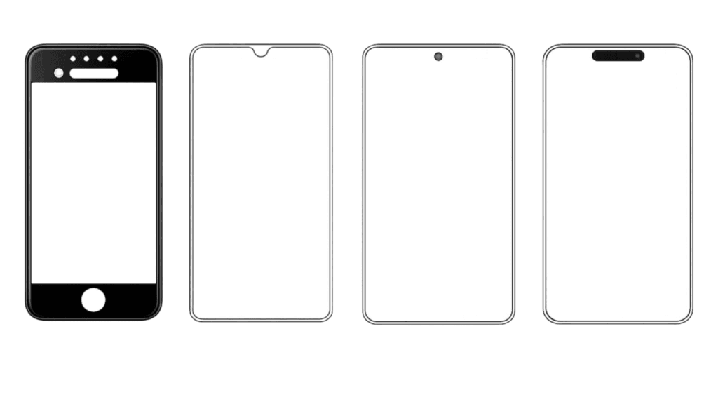 Hero collage showing illustrations of tempered glass shapes for Classic Bezel, Waterdrop Notch, Punch-Hole (with visible hole), and Dynamic Island (capsule-style), highlighting display cut differences.