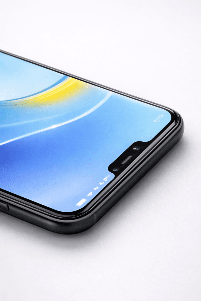 Close-up of wide notch smartphone corner with tempered glass applied, showing proper edge-to-edge coverage and no corner lifting.