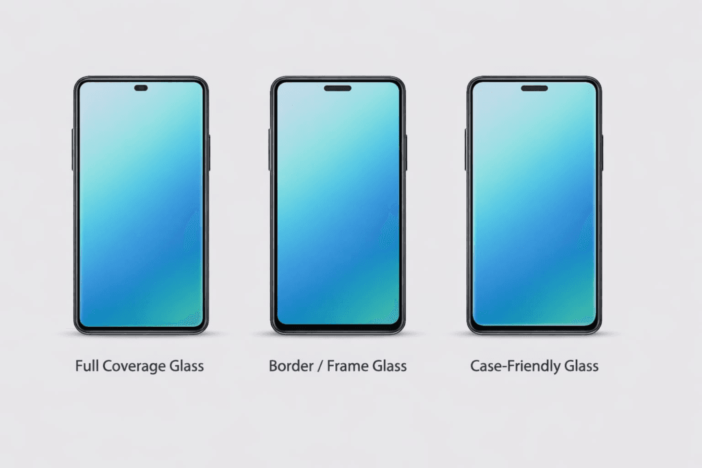 Illustration showing the same smartphone with three tempered glass coverage styles — full coverage glass, border frame glass, and case-friendly glass — highlighting differences in edge coverage without implying quality comparison.