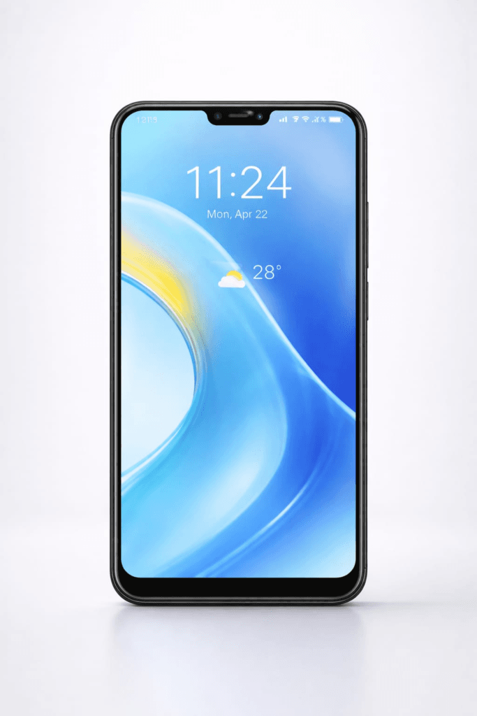 Wide notch smartphone display with tempered glass applied, showing accurate notch cut, camera alignment, and edge-to-edge coverage without lifting.